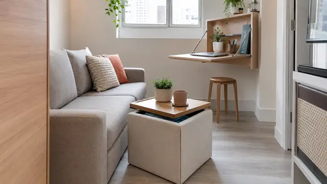 Sala pequena organizada com sofá funcional, mesa compacta e móveis com armazenamento