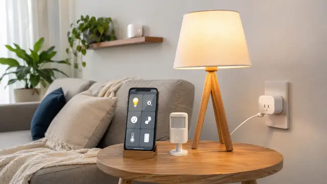 Lâmpada inteligente, tomada conectada e celular controlando rotinas de automação residencial