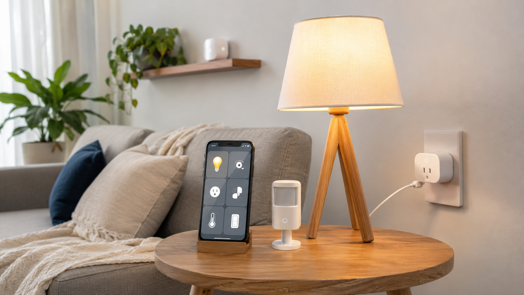 inteligente, tomada conectada, sensor discreto e celular controlando automação residencial.