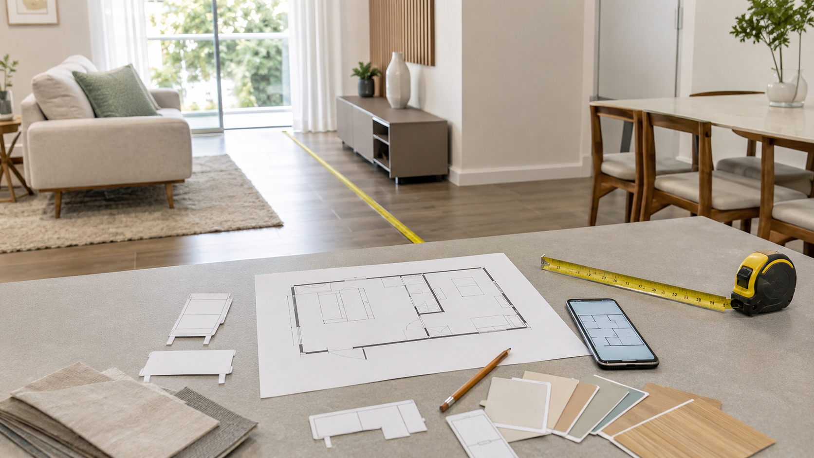 Planta simples de sala com fita no chão simulando móvel e circulação livre antes da compra