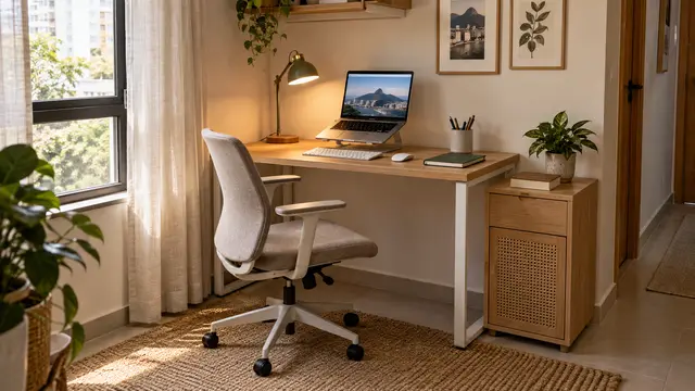 Cartão gráfico azul e cinza com o título Como montar um home office organizado em pouco espaço.