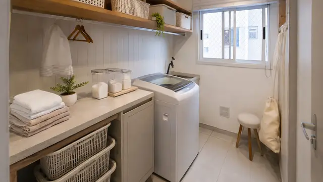 Lavanderia pequena organizada com prateleiras, cestos e produtos de limpeza agrupados