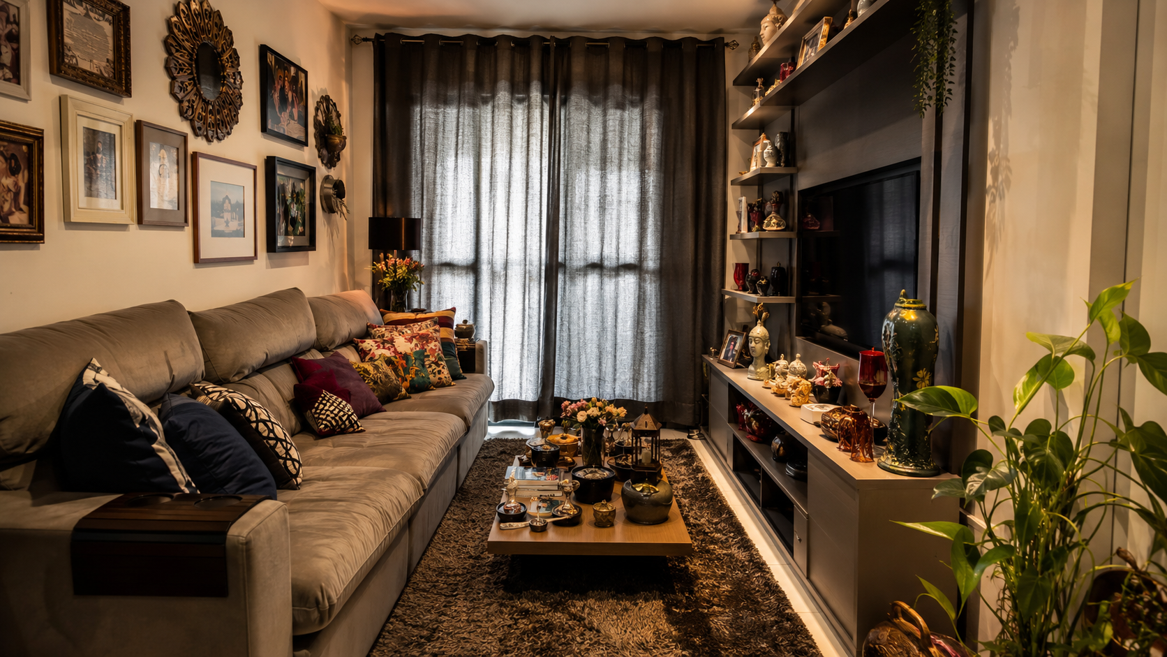 Sala compacta com circulação livre, móveis proporcionais e decoração equilibrada sem excesso visual